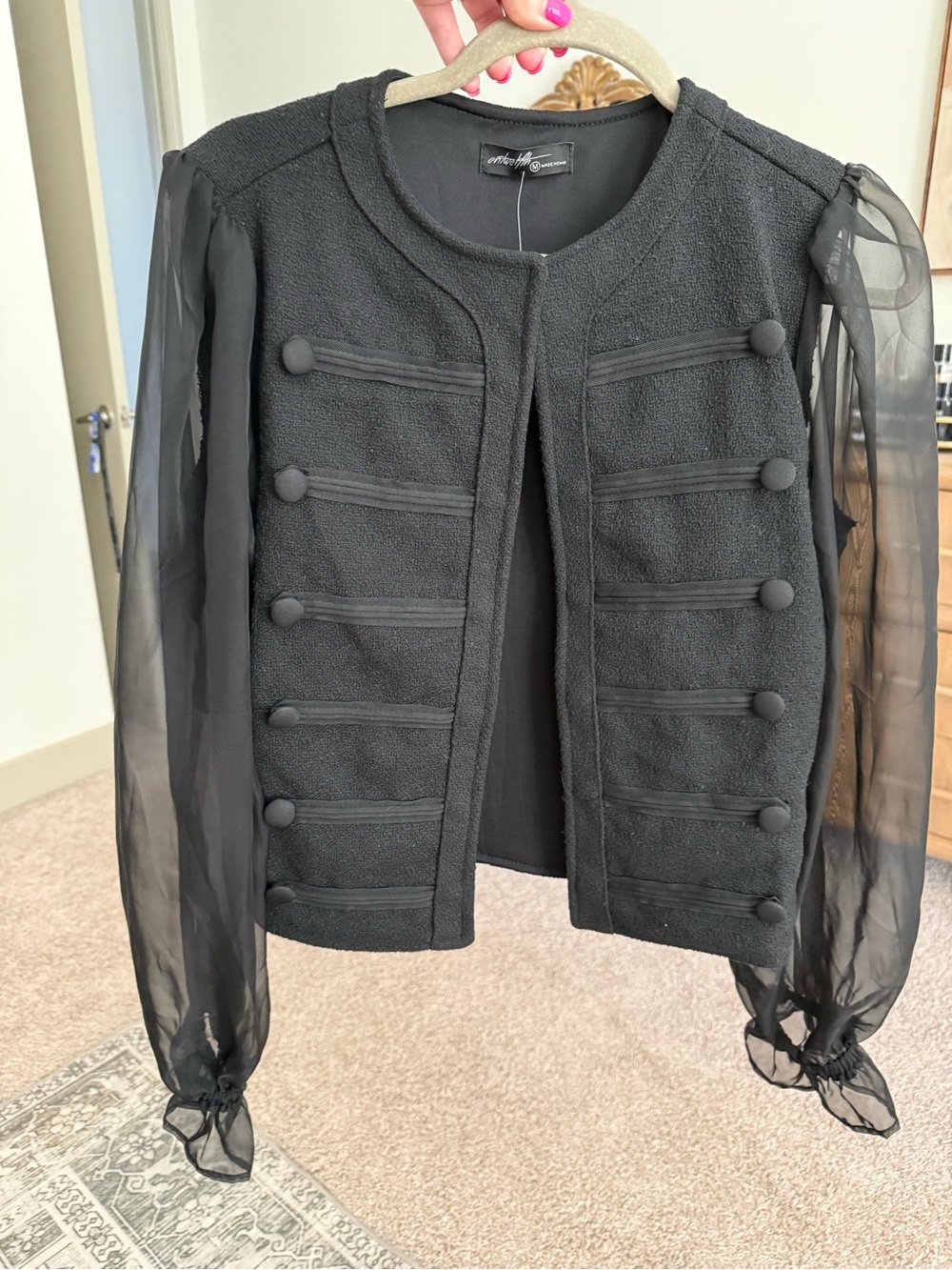 Versona Black Military-Style Jacket with Sheer Sleeves NWT